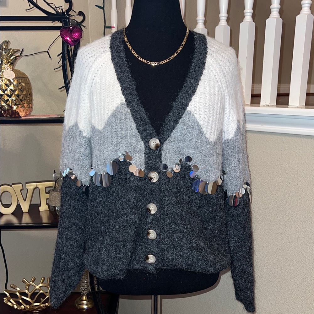 Elegant Gray and White Women's Cardigan with Sequins